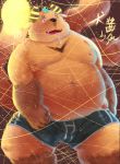  2016 anthro bearp_(artist) belly black_nose bulge clothing cute_fangs hi_res horn humanoid_hands male moobs navel nipples overweight overweight_male solo underwear 