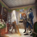  2019 anthro anthro_badger anthro_canid anthro_canine anthro_fox anthro_mustelid anthro_musteline anthro_red_fox badger cane canid canine claws clothed clothing coat conditional_dnp curtains day digitigrade duo eyewear flower fox fur gesture inside latex_(artist) male mammal monocle mustelid musteline open_mouth orange_fur picture_frame plant plantigrade pointing red_fox sculpture shelf sofa standing statue table toe_claws tower whiskers window yellow_eyes 