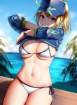  1girl ahoge artoria_pendragon_(all) baseball_cap bikini blonde_hair blue_eyes blue_headwear blue_jacket blue_sky blurry blurry_background blush breasts cleavage cloud cowboy_shot curvy day fate/grand_order fate_(series) groin hair_between_eyes hair_through_headwear hat highres jacket jacket_lift large_breasts long_hair long_sleeves looking_at_viewer mysterious_heroine_x mysterious_heroine_xx_(foreigner) navel outdoors palm_tree ponytail scarf shrug_(clothing) side-tie_bikini skindentation sky solo stomach swimsuit thigh_strap tree undressing white_bikini wsman 