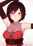  1girl armpits black_bow black_gloves black_hair bluefield bow breasts dress elbow_gloves erect_nipples gloves grey_eyes highres looking_at_viewer medium_breasts patreon_username red_dress ruby_rose rwby see-through short_hair solo twitter_username upper_body 