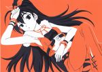  1girl armband armpits black_bra black_eyes black_hair bow bra clothing_request collarbone flat_color ganaha_hibiki hair_bow hair_ornament hand_on_own_stomach idolmaster idolmaster_(classic) kirigami long_hair looking_to_the_side lying monochrome_background on_back orange_background orange_legwear orange_ribbon orange_shirt pants paper_cutout_(medium) papercraft ponytail ribbon shirt solo solo_focus traditional_media underwear very_long_hair 