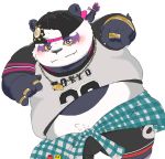  2019 alp_(tas) anthro belly black_nose blush clothing cute_fangs fur giant_panda hat headgear headwear hi_res male mammal overweight overweight_male purple_fur puss3250 shirt shorts simple_background solo tokyo_afterschool_summoners topwear ursid video_games white_background 