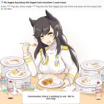  1girl animal_ears atago_(azur_lane) azur_lane black_hair blush commentary cup curry curry_rice double-breasted drinking_glass drinking_straw eating empty english_commentary english_text eyebrows_visible_through_hair food hadoukirby long_hair long_sleeves looking_at_viewer medal meme military military_uniform mole mole_under_eye open_mouth plate rice shrimp shrimp_tempura simple_background smile soda_bottle solo spoon tempura uniform white_background wolf_ears yellow_eyes 