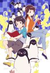  1boy 1girl aoyama-kun_(penguin_highway) belt bird black_hair blue_eyes book booota brown_eyes brown_hair brown_shorts can commentary_request cover cover_page curly_hair from_side full_body grey_pants holding holding_book holding_can holding_pen long_hair novel_cover official_art onee-san_(penguin_highway) orange_shirt pants parted_lips pen penguin penguin_highway sandals shirt shoes short_sleeves shorts signature sitting socks white_legwear 