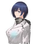  1girl armored_collar bangs blue_eyes blue_hair breasts closed_mouth coat commentary commentary_request earrings hair_between_eyes highres jewelry large_breasts neisa_(pandea_work) original pandea_work pink_lips short_hair smile white_background white_coat 
