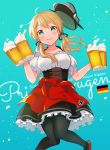  1girl alcohol anbutter_siruko anchor_hair_ornament apron aqua_eyes beer beer_mug black_legwear blonde_hair blush breasts character_name cleavage cup dirndl dress german_clothes hair_ornament hat holding holding_cup iron_cross kantai_collection large_breasts long_hair looking_at_viewer oktoberfest pantyhose peaked_cap prinz_eugen prinz_eugen_(kantai_collection) red_footwear smile solo twintails underbust 