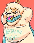  2017 anthro belly bmf_6666 canid canine canis chained crying cu_sith_(tas) domestic_dog english_text hi_res male mammal moobs navel nipples overweight overweight_male red_background scarf simple_background solo tears text tokyo_afterschool_summoners video_games 
