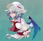  1girl aqua_background arlmuffin ascot bat_wings blue_hair commentary cropped_torso dress frilled_sleeves frills hat mob_cap puffy_short_sleeves puffy_sleeves red_eyes remilia_scarlet ribbon_trim short_hair short_sleeves solo touhou upper_body white_dress white_headwear wings 
