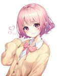  1girl :3 blush bow bowtie breasts brown_cardigan buttons collared_shirt facial_mark fang hand_up heart inhoya2000 long_sleeves looking_at_viewer lucid maplestory pink_hair pink_neckwear pointy_ears purple_eyes school_uniform shirt short_hair sidelocks simple_background small_breasts smile solo twitter_username undershirt upper_body white_background white_shirt 