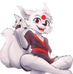  2019 alec8ter canid canine clothed clothing digital_media_(artwork) fluffy fox fully_clothed fur greeting happy male mammal multi_tail onami open_mouth simple_background solo wave white_fur young 