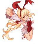  1girl arm_up armpits blonde_hair clenched_hands demon_tail detached_sleeves disgaea flonne flonne_(fallen_angel) hairband highres jumping leotard long_hair makai_senki_disgaea open_mouth red_eyes red_leotard ribbon shoes simple_background smile solo tail white_background yanyan_(shinken_gomi) 