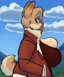  2019 big_breasts blue_eyes breasts cleavage cleavage_overflow clothed clothing cloud day detailed_background fully_clothed hands_in_pockets hazel_(shakotanbunny) lagomorph leporid mammal outside rabbit shakotanbunny side_view sky solo standing 