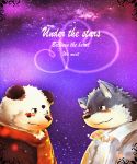  &lt;3 2016 anthro bearp_(artist) blush canid canine canis clothing duo english_text giant_panda hi_res male male/male mammal night scarf shirt star text topwear ursid wolf 