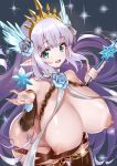  1girl alternate_breast_size areolae blue_eyes breasts bridal_gauntlets flower gauntlets granblue_fantasy hair_ornament highres holding huge_breasts ice leaning_forward lily_(granblue_fantasy) long_hair looking_at_viewer metk nipples open_mouth pointy_ears puffy_nipples purple_hair seiza silver_hair sitting smile solo sparkle thighhighs tiara very_long_hair wand 
