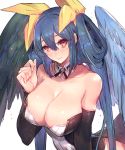  1girl asymmetrical_wings bare_shoulders blue_eyes blue_hair blush breasts cleavage corset detached_collar detached_sleeves dizzy erect_nipples feathered_wings guilty_gear guilty_gear_xrd hair_between_eyes hair_ribbon hair_rings head_tilt impossible_clothes large_breasts long_hair looking_at_viewer oro_(sumakaita) red_eyes ribbon solo tail wings yellow_ribbon 