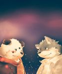  2015 anthro bearp_(artist) blush canid canine canis clothing duo giant_panda hi_res male male/male mammal scarf shirt topwear ursid wolf 