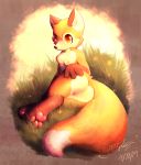  2019 3_toes anthro blush breasts butt canid canine digital_drawing_(artwork) digital_media_(artwork) ears_up female fluffy fox fur gingy_k_fox grass hand_on_butt hi_res looking_back mammal multicolored_fur nipples nude outside pussy sitting solo toes 