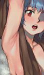  1girl armpits ayanami_rei blue_hair glo-s-s highres looking_at_viewer neon_genesis_evangelion nude open_mouth red_eyes short_hair solo tongue towel upper_body wet 