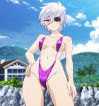  1girl breasts eyepatch highres medium_breasts navel oboro_(yuragisou_no_yuuna-san) purple_eyes screencap short_hair silver_hair stitched swimsuit thighs third-party_edit yuragisou_no_yuuna-san 