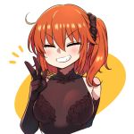  1girl ^_^ black_dress black_gloves blush breasts chan_co closed_eyes dress elbow_gloves eyebrows_visible_through_hair eyes_closed fate/grand_order fate_(series) fujimaru_ritsuka_(female) gloves grin hair_between_eyes hair_ornament hair_scrunchie medium_breasts medium_hair one_side_up orange_hair scrunchie see-through simple_background smile solo upper_body v v-shaped_eyebrows 