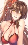  1girl azur_lane bangs bare_shoulders blush breasts brown_hair cleavage collarbone commentary_request eyebrows_visible_through_hair hair_between_eyes hair_ornament harapeko1129 large_breasts long_hair looking_at_viewer open_mouth ponytail solo upper_body very_long_hair yellow_eyes zuikaku_(azur_lane) 