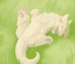  ambiguous_gender claws digitigrade dragon drayke_eternity eyes_closed featureless_crotch feral fur furred_dragon grass hair hindpaw horn neck_tuft open_mouth pawpads paws rolling sharp_teeth smile solo teeth toe_claws tuft 