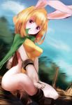  1girl animal_ears bare_legs blonde_hair blue_sky boots bracelet breasts brown_footwear bunny_ears bunny_tail carrot_(one_piece) cloak commentary_request day dress full_body fur furry indian_style jewelry kekekejima large_breasts looking_at_viewer medium_hair monster_girl no_panties one_piece paws rabbit_girl red_eyes side_slit sitting sky snout solo tail white_fur yellow_dress 