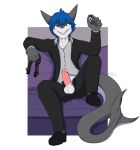  2019 anthro balls blue_eyes blue_hair chastity_cage clothed clothing collar domination erection fish footwear fully_clothed grin hair humanoid_penis looking_at_viewer male male_domination marine milodesty offering_collar penis shark shoes simple_background sitting smile solo suit teeth 