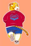  2016 anthro blush bmf_6666 butt clothing cute_fangs english_text felid hi_res hoodie male mammal pantherine pants simple_background slightly_chubby solo text tiger 