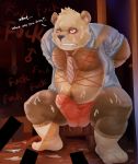  2016 anthro balls bdsm bearp_(artist) belly blush bondage bound bulge clothed clothing cum cum_on_face cum_on_stomach english_text erection giant_panda hi_res humanoid_hands humanoid_penis male mammal moobs open_shirt overweight overweight_male penis rope scar shirt solo text topwear underwear ursid 