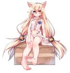  1girl animal_ears barefoot blonde_hair blue_eyes cat_ears commentary_request feet g41_(girls_frontline) girls_frontline heterochromia highres kosobin legs long_hair low-tied_long_hair navel no_pants open_mouth panties red_eyes shirt sitting soles solo toes twintails underwear very_long_hair white_panties white_shirt 