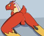  2019 anthro anus avian balls biped blaziken butt hi_res male nintendo otterjunk penis perineum pok&eacute;mon pok&eacute;mon_(species) presenting presenting_anus racha_(otterjunk) simple_background solo video_games 