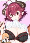  2girls absurdres black_bra blush bra breasts brown_eyes chibi chibi_inset cleavage closed_mouth eyebrows_visible_through_hair grea_(shingeki_no_bahamut) highres horns large_breasts looking_at_viewer mahou_shounen mouth_hold multiple_girls red_hair shingeki_no_bahamut shirt shirt_lift short_hair underboob underwear white_shirt 