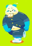  2016 anthro belly blue_fur blush bmf_6666 clothing fur giant_panda green_background hi_res male mammal navel one_eye_closed overweight overweight_male pants shirt simple_background solo topwear ursid wink 