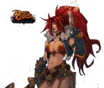  1girl battle_chasers breasts green_eyes highres large_breasts long_hair midriff navel ponytail red_hair red_monika 