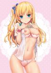  1girl bangs blonde_hair blue_eyes blush bow bow_panties bra bra_pull breast_suppress breasts cleavage clothes_lift comic_exe contrapposto cowboy_shot dress_shirt eyebrows_visible_through_hair hair_bow hair_ornament hairclip hands_on_own_chest highres jewelry large_breasts long_hair looking_at_viewer multi-strapped_panties navel nipples no_pants non-web_source one_side_up open_clothes open_shirt original panties pink_bra pink_panties ring school_uniform shiny shiny_skin shirt short_sleeves simple_background solo standing stomach string_panties sweater sweater_lift sweater_vest takayaki underwear white_background wrist_cuffs 