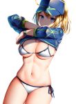  1girl ahoge artoria_pendragon_(all) baseball_cap bikini blonde_hair blue_eyes blue_headwear blue_jacket blush breasts cleavage cowboy_shot curvy fate/grand_order fate_(series) groin hair_between_eyes hair_through_headwear hat highres jacket jacket_lift large_breasts long_hair long_sleeves looking_at_viewer mysterious_heroine_x mysterious_heroine_xx_(foreigner) navel ponytail scarf shrug_(clothing) side-tie_bikini simple_background skindentation solo stomach swimsuit thigh_strap undressing white_background white_bikini wsman 