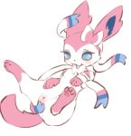  3_toes black_nose blue_eyes blush bow covering covering_crotch eeveelution female feral fluffy fluffy_ears fluffy_tail fur kakususipo markings nintendo pawpads pink_ears pink_fur pink_pawpads pink_tail pok&eacute;mon pok&eacute;mon_(species) pussy ribbons socks_(marking) solo spread_legs spreading sylveon toes tzulin video_games white_fur 