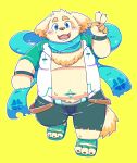  2017 anthro belly blush bmf_6666 canid canine canis clothing cu_sith_(tas) domestic_dog hi_res hoodie humanoid_hands male mammal moobs navel overweight overweight_male scarf shorts simple_background solo tokyo_afterschool_summoners video_games yellow_background 