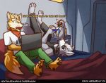  4_toes 5_fingers animated anthro arwing barefoot bed canid canine canis clothing collar computer english_text eye_patch eyewear feet fox fox_mccloud hindpaw laptop male mammal neckerchief nintendo pack_heirarchy pawpads paws star_fox text toes ventkazemaru video_games whiskers wolf wolf_o&#039;donnell wolfen 