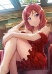  1girl bangs bare_shoulders blush breasts chair dated dress eyebrows_visible_through_hair highres leg_hug legs_crossed lips looking_at_viewer love_live! love_live!_school_idol_project medium_breasts medium_hair nishikino_maki purple_eyes red_dress red_hair shamakho shiny shiny_hair signature sitting skylight smile solo strapless strapless_dress swept_bangs 