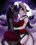  anthro breasts chiropteran clothed clothing crossdressing duo embrace felid feline female girly halloween hi_res holidays licking licking_lips looking_at_viewer male mammal miosha moon tongue tongue_out 