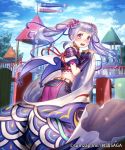  1girl armor blue_sky cape cloud company_name copyright_name esukee flower from_side hair_flower hair_ornament iris_(flower) japanese_armor koinobori kusazuri lavender_hair long_hair looking_at_viewer looking_back midriff official_art open_mouth outdoors purple_eyes sengoku_saga short_sleeves sky solo tears twintails 