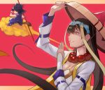  55level absurdres ajirogasa bead_necklace beads black_hair breasts cleavage cloud dragon_ball earrings fate/grand_order fate_(series) flying_nimbus hat highres hoop_earrings jewelry long_hair monkey_tail necklace red_background son_gokuu staff tail xuanzang_(fate/grand_order) 