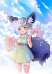  1girl animal_ear_fluff animal_ears blade_&amp;_soul brown_eyes cherry_blossoms cloud dress food food_on_face fork garters highres holding lyn_(blade_&amp;_soul) open_mouth outdoors petals primcoco short_dress short_hair silver_hair sky sleeveless sleeveless_dress smile solo sundress tail tree white_dress wolf_ears wolf_tail 