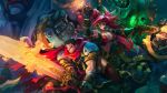  battle_chasers breasts cleavage large_breasts long_hair midriff ponytail red_hair red_monika thighhighs 