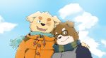 2019 anthro canid canine canis clothing cu_sith_(tas) cute_fangs domestic_dog duo eyewear fatkylefat glasses hoodie hug humanoid_hands male male/male mammal one_eye_closed slightly_chubby sweater tokyo_afterschool_summoners topwear video_games wink 