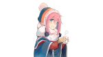  blush kagamihara_nadeshiko long_hair nasuno_chiyo photoshop pink_hair scarf white yuru_camp 