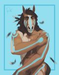  2018 5_fingers abs american_paint_horse animal_genitalia anthro biceps biped black_eyebrows blue_background bodypaint brown_eyes brown_fur brown_hair brown_sheath brown_tail digital_media_(artwork) equid equine eyebrows feathers front_view fully_sheathed fur hair half-length_portrait hi_res horse humanoid_hands kendall_fuller long_hair loose_feather male mammal multicolored_fur muscular muscular_male native_american navel nude pecs portrait rov sheath simple_background solo standing tan_fur thick_eyebrows tribal two_tone_fur 