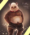  2016 anthro bearp_(artist) belly blush clothing english_text giant_panda hi_res humanoid_hands male mammal moobs nipples one_eye_closed overweight overweight_male shorts solo text underwear ursid wink 